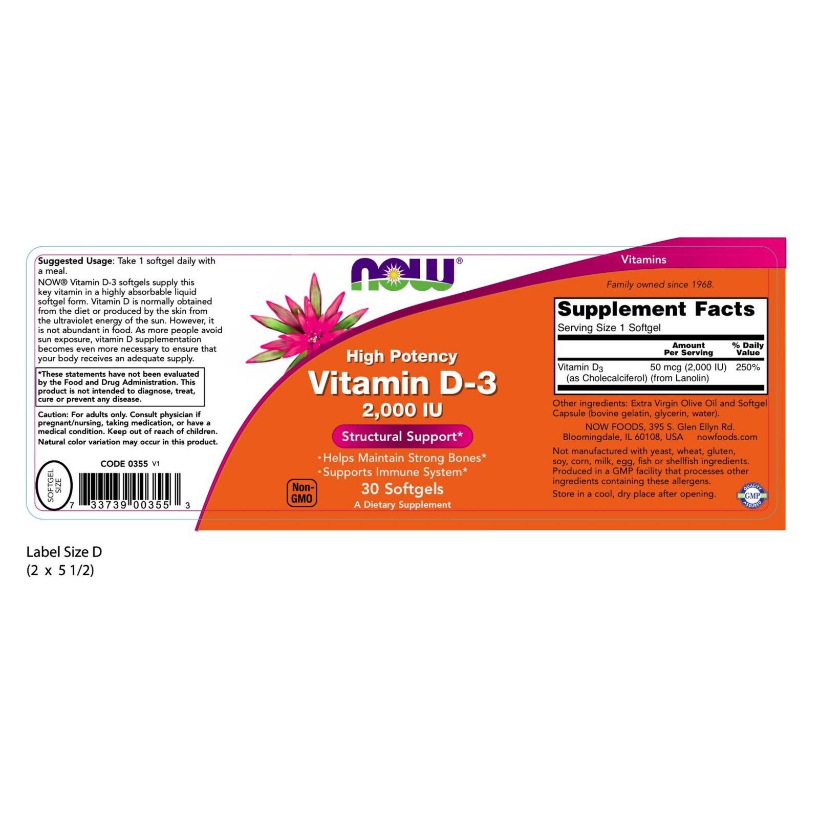 NOW Foods Vitamin D-3, 2000 IU, 30 Softgels 24Hr Smart